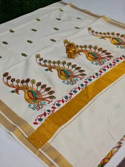 Classic Kalamkari Style Saree – Beige & Mustard Yellow